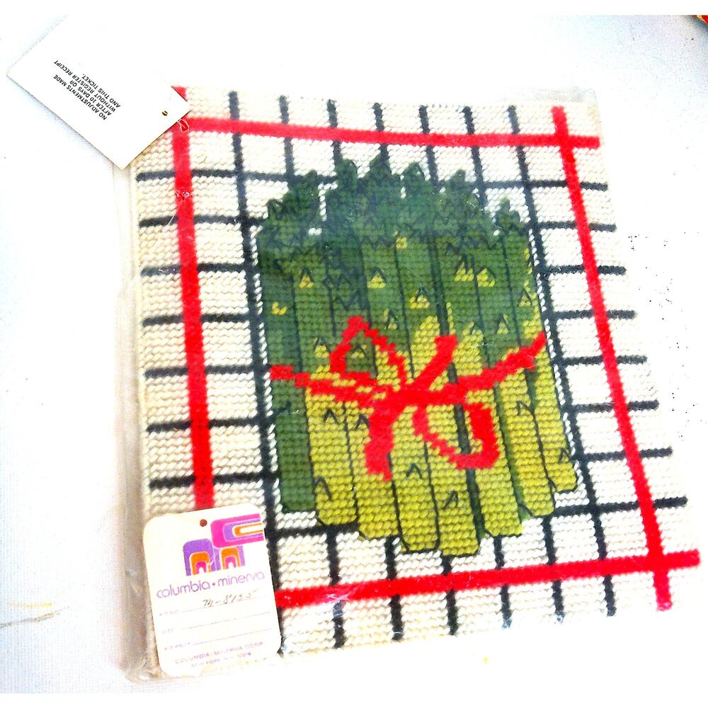 Vintage 1970s Columbia Minerva Asparagus Veggie Needlepoint Kitchen Wall Art
